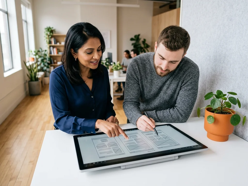 Designer et développeur collaborent sur une interface utilisateur moderne dans une agence web lumineuse.