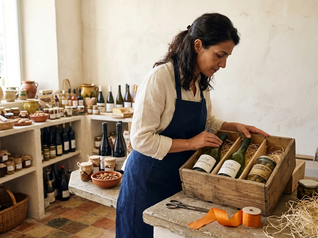 Artisane préparant un coffret de produits catalans et vins du Roussillon dans une boutique ensoleillée.