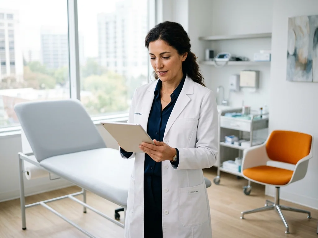 Une praticienne du Cabinet Médical Roussillon à Perpignan utilise une tablette pour le suivi patient.