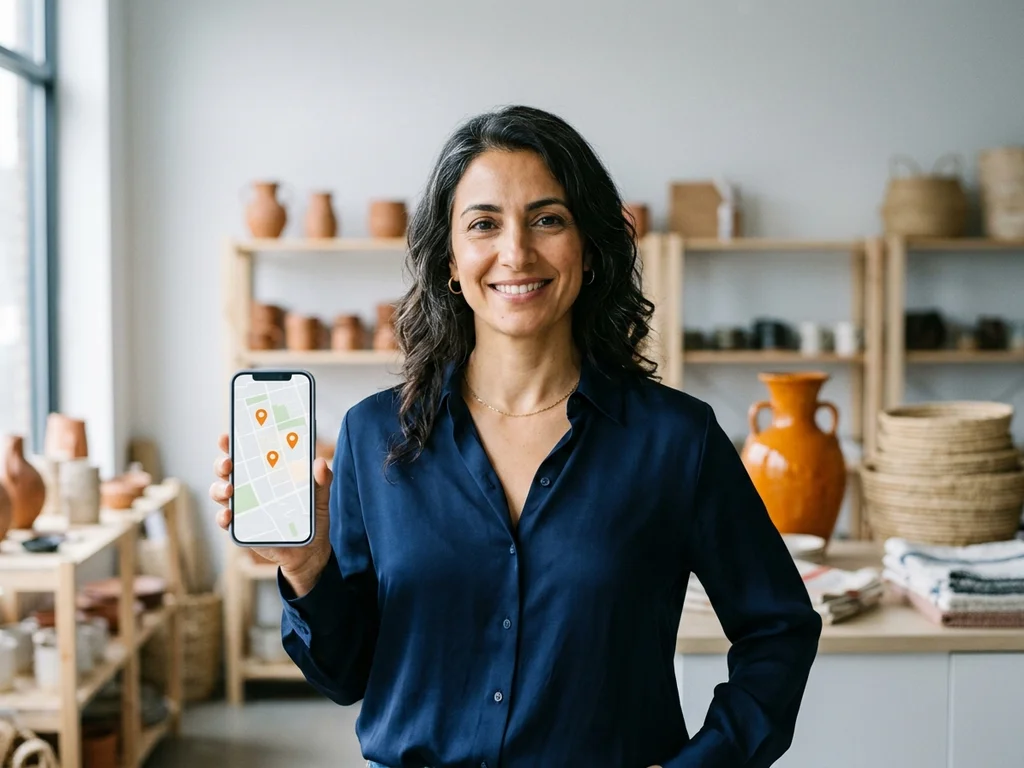 Commerçante montrant la visibilité de sa boutique sur mobile pour illustrer le Local Pack Google.