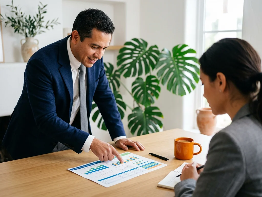 Consultant expert analysant un rapport d'audit SEO détaillé avec un client pour optimiser son site.