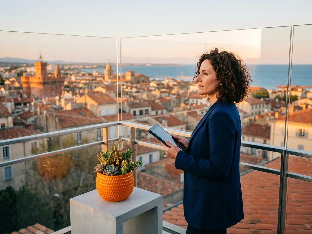 Consultante SEO observant Perpignan et le littoral méditerranéen pour illustrer la zone d'intervention locale.
