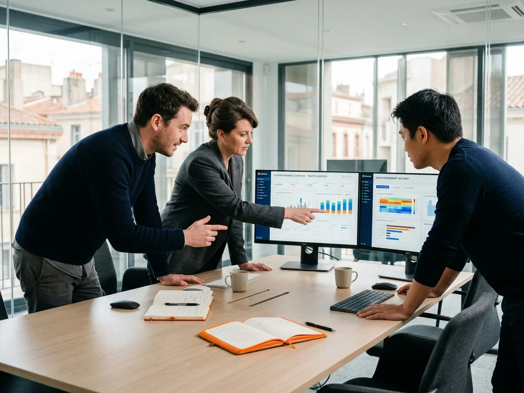 Experts SEO à Perpignan analysant des graphiques de performance pour optimiser une stratégie digitale.