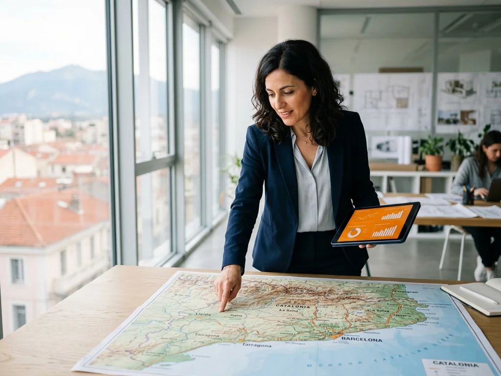 Une experte analyse une carte de Catalogne pour optimiser le SEO local des professions libérales.