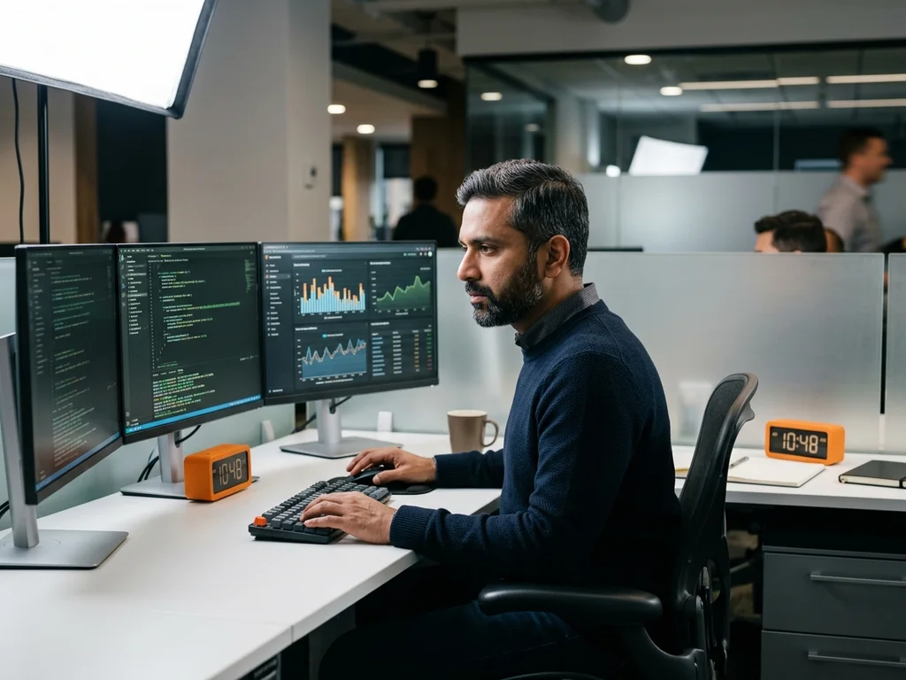 Expert SEO examinant des graphiques de performance technique sur des écrans haute résolution.