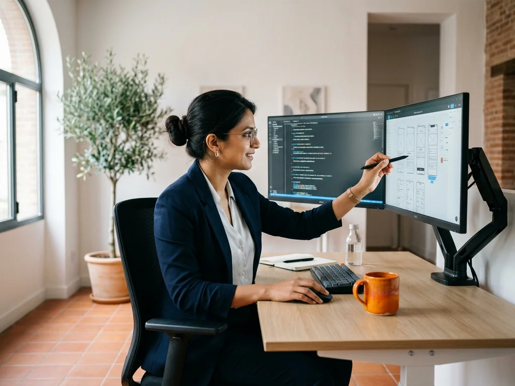Développeuse analysant une structure web optimisée, illustrant la conception technique dès le premier pixel.
