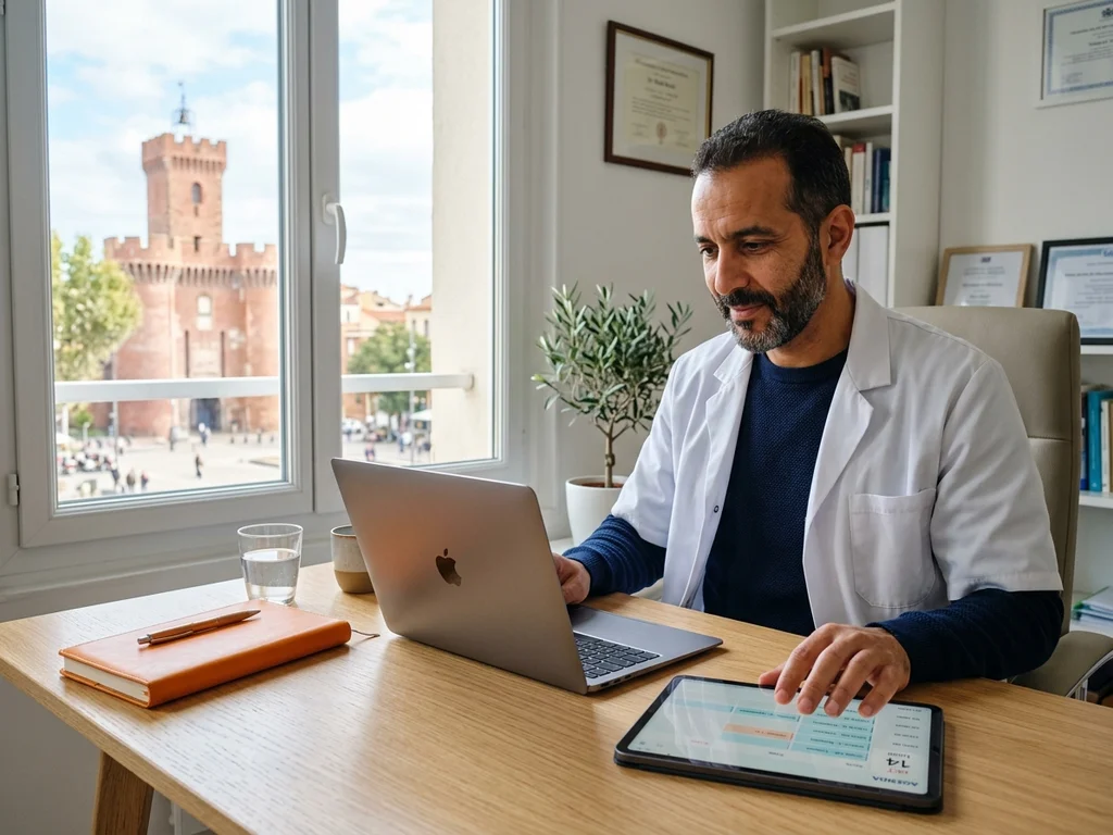 Médecin à Perpignan utilisant un logiciel de réservation en ligne avec vue sur le Castillet.